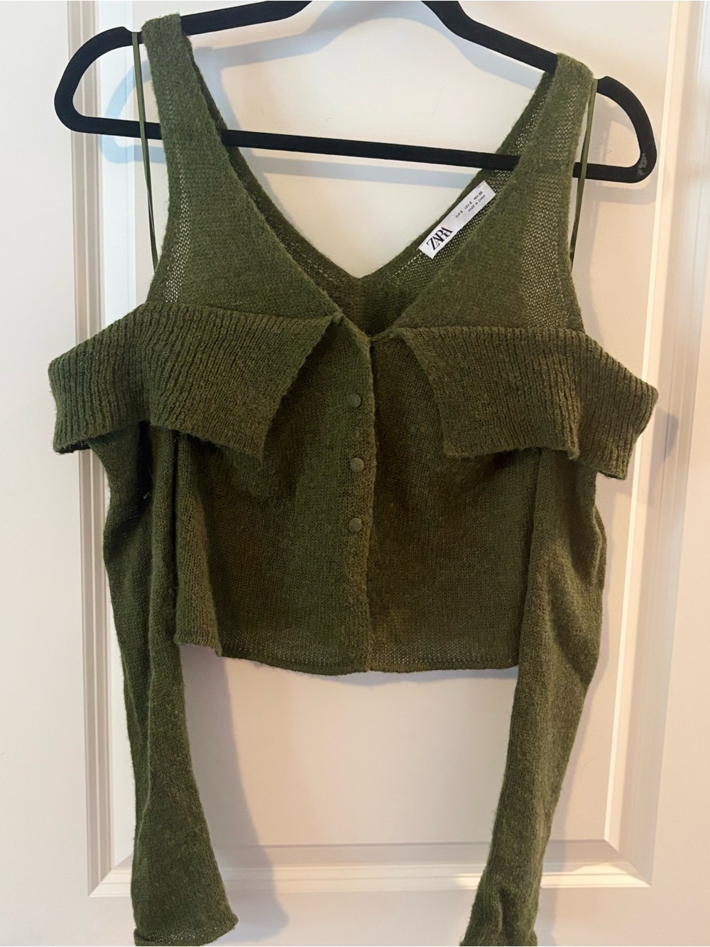 Zara Olive Green Knit Cold-Shoulder Button Crop Top